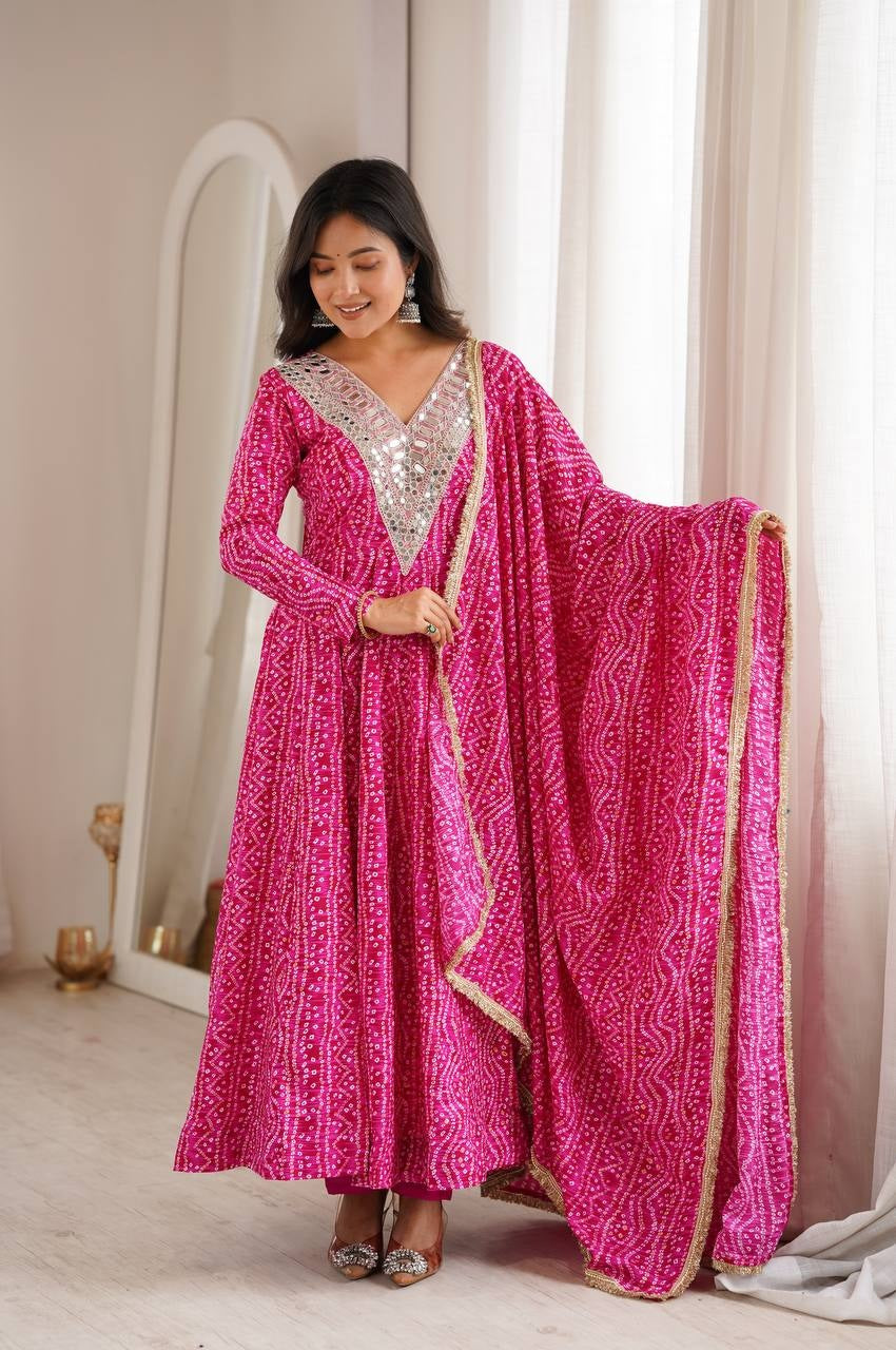 PINK RAYON MIRROR EMBROIDERY ETHNIC ANARKALI GOWN SET