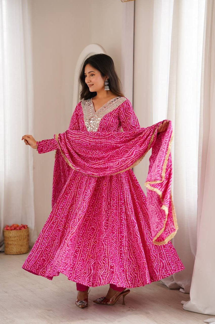 PINK RAYON MIRROR EMBROIDERY ETHNIC ANARKALI GOWN SET