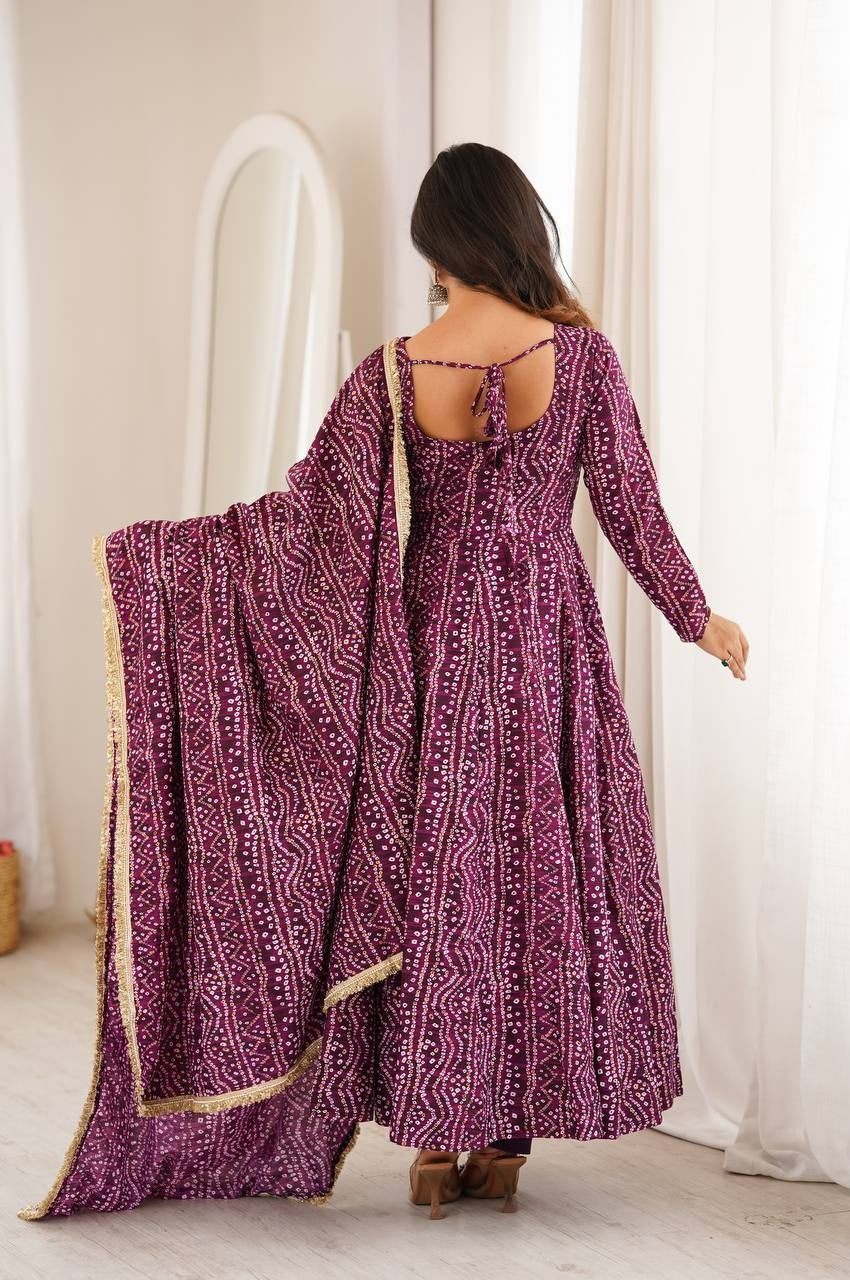 WINE RAYON MIRROR EMBROIDERY ETHNIC ANARKALI GOWN SET