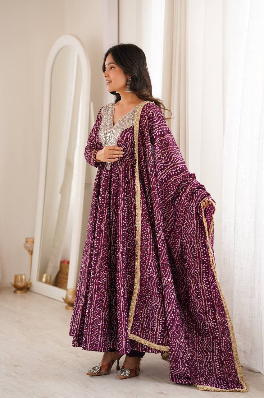 WINE RAYON MIRROR EMBROIDERY ETHNIC ANARKALI GOWN SET
