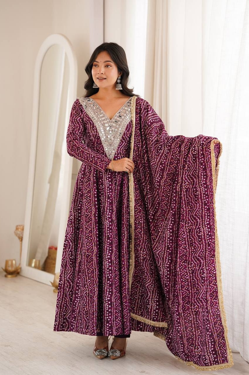 WINE RAYON MIRROR EMBROIDERY ETHNIC ANARKALI GOWN SET