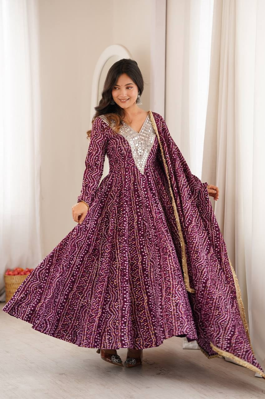 WINE RAYON MIRROR EMBROIDERY ETHNIC ANARKALI GOWN SET
