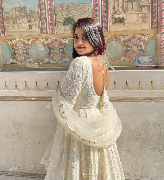 WHITE COLOR CHIKANKARI ANARKALI GOWN WITH EMBROIDERY WORK AND DUPATTA