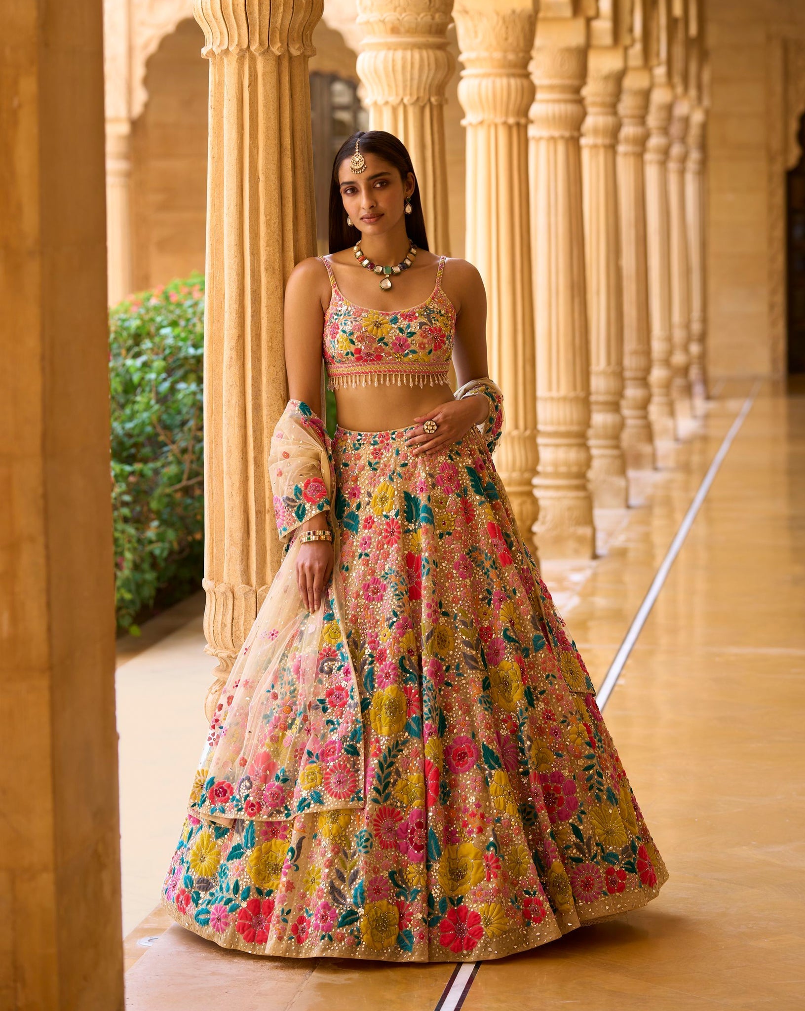 MULTI COLOURED FLORAL APPLIQUE LEHENGA SET