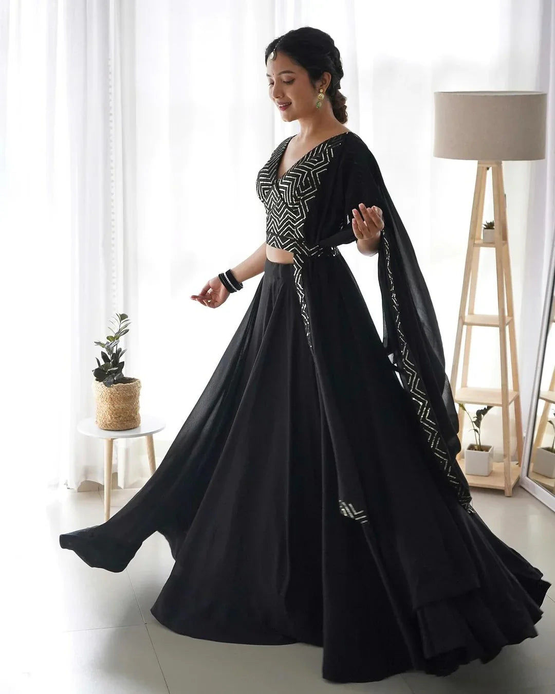 BLACK FULL FLAIRY PURE SOFT GEORGETTE FULL STITCHED LEHENGA CHOLI