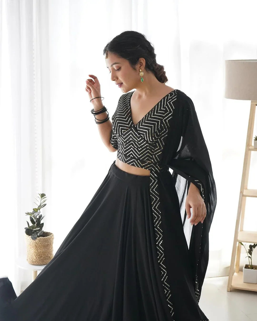 BLACK FULL FLAIRY PURE SOFT GEORGETTE FULL STITCHED LEHENGA CHOLI