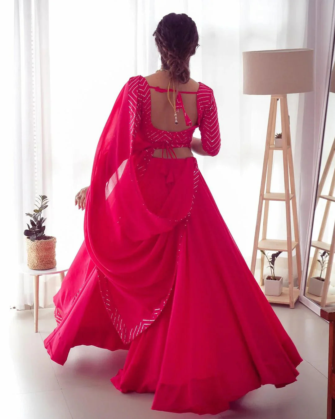 PINK FULL FLAIRY PURE SOFT GEORGETTE FULL STITCHED LEHENGA CHOLI