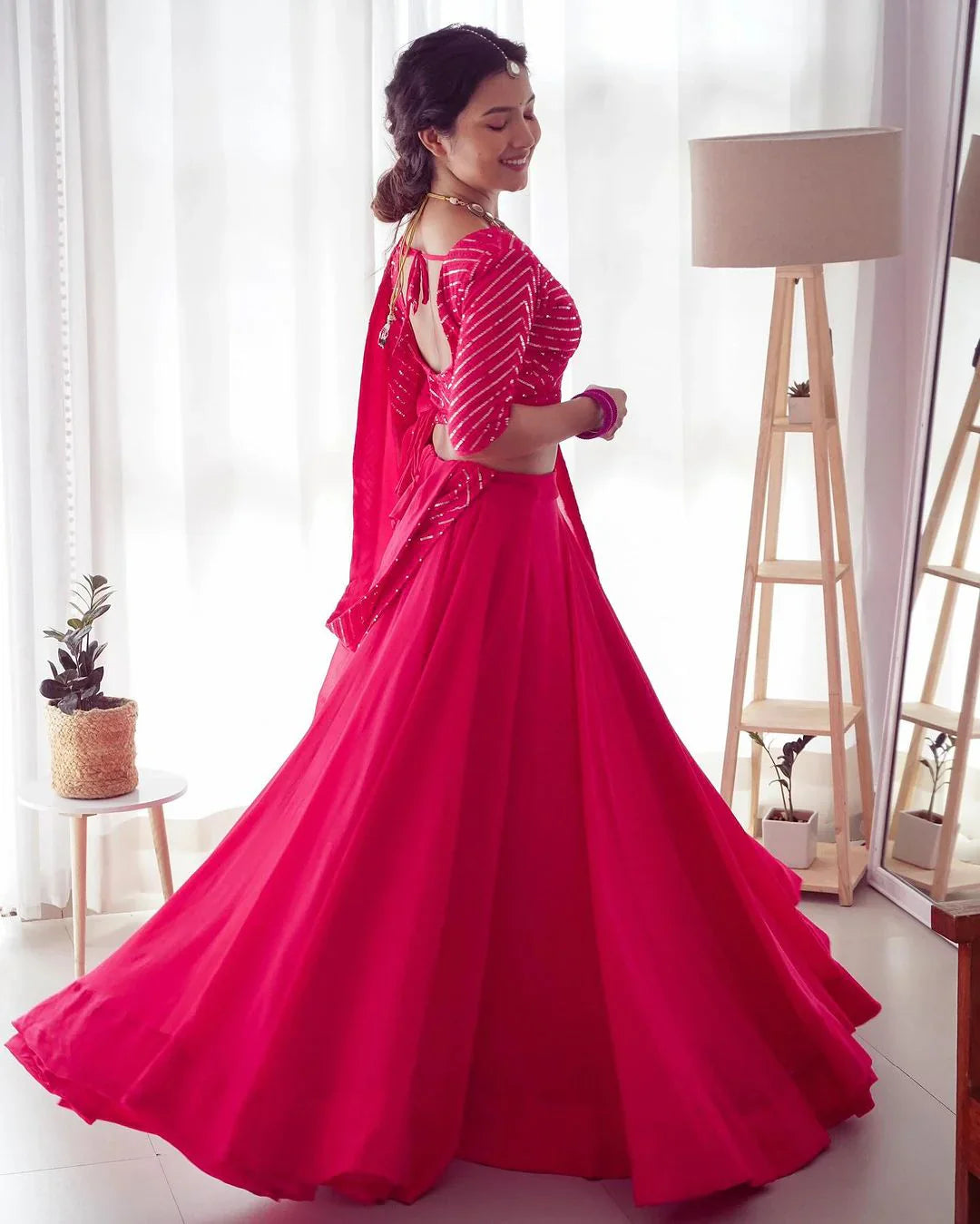 PINK FULL FLAIRY PURE SOFT GEORGETTE FULL STITCHED LEHENGA CHOLI