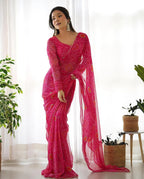 PINK BANDHEJ CHIFFON PRE DRAPPED SAREE