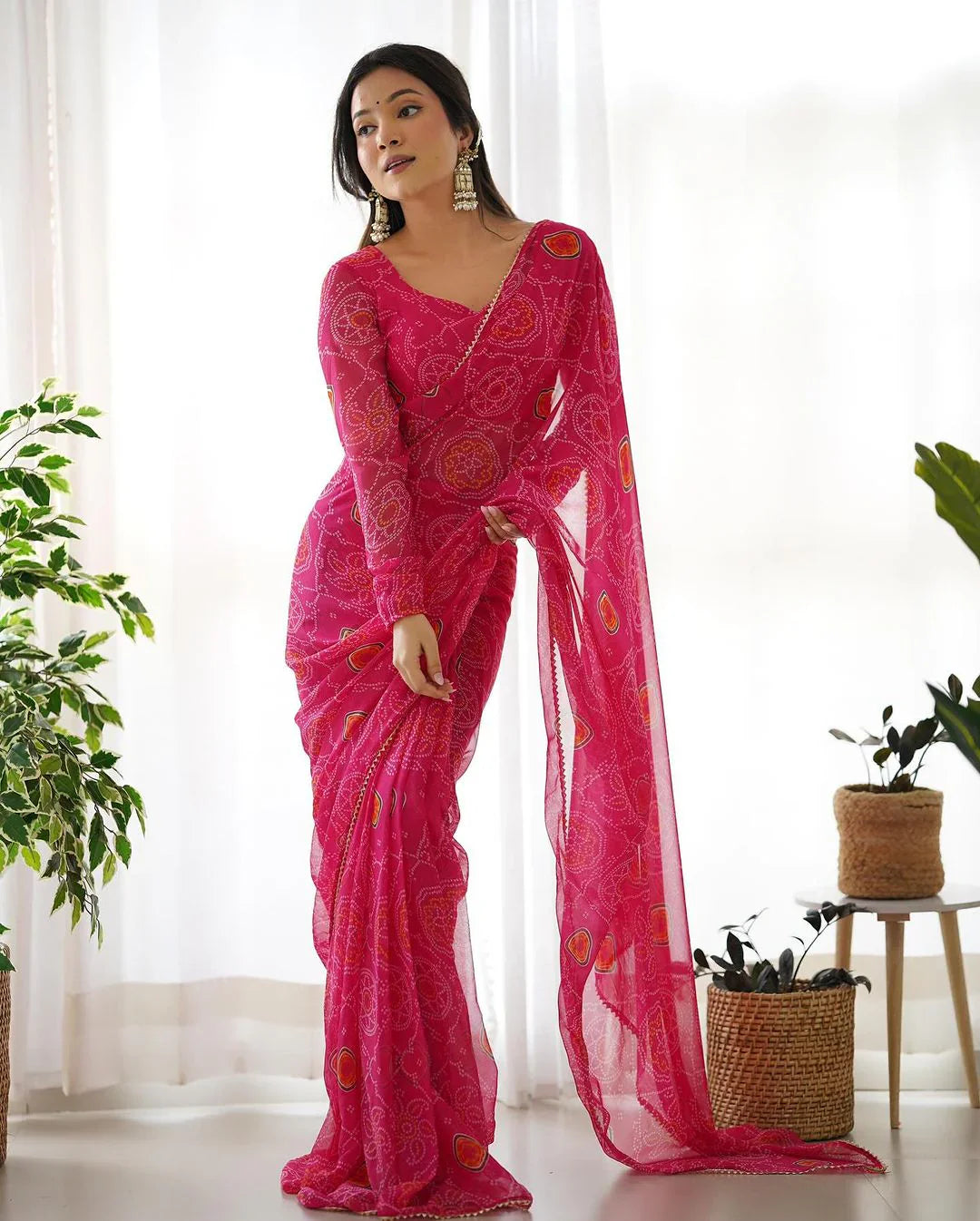 PINK BANDHEJ CHIFFON PRE DRAPPED SAREE