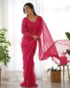 PINK BANDHEJ CHIFFON PRE DRAPPED SAREE