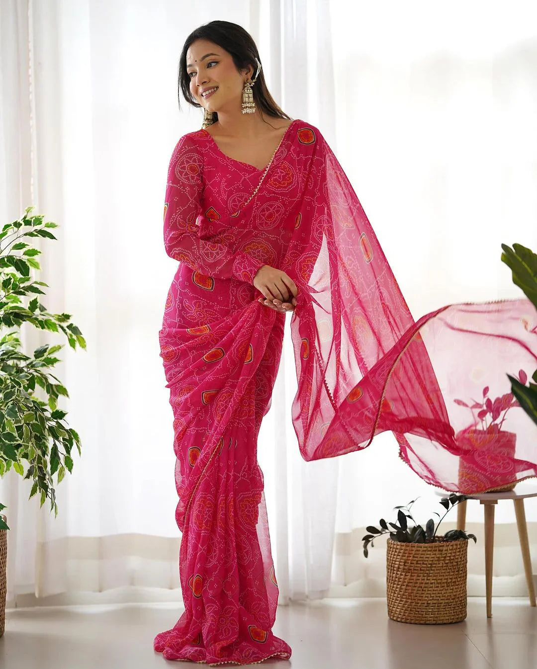 PINK BANDHEJ CHIFFON PRE DRAPPED SAREE