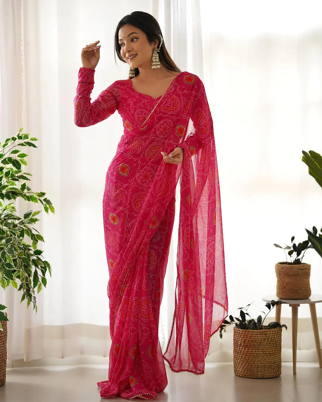 PINK BANDHEJ CHIFFON PRE DRAPPED SAREE