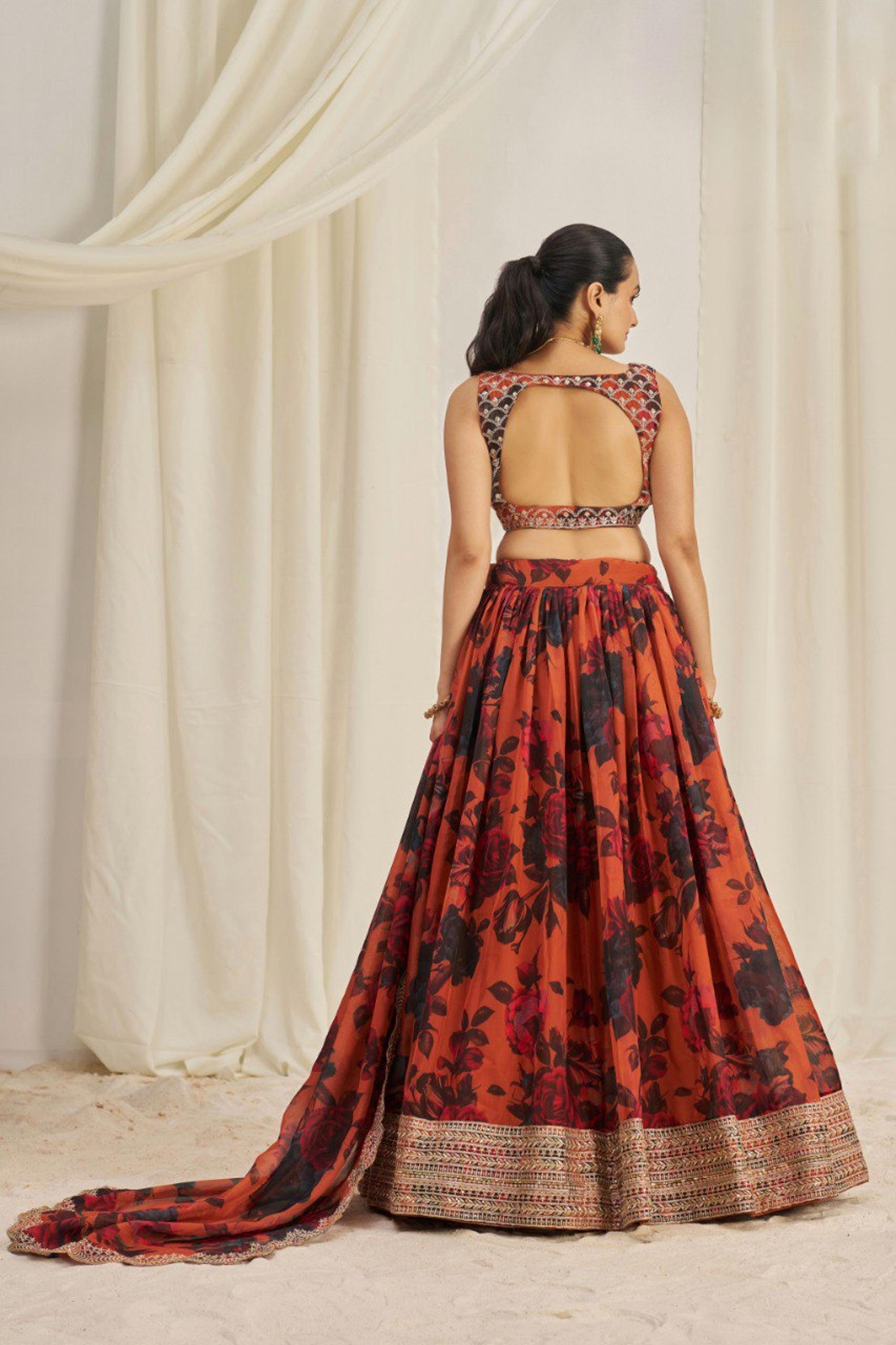 ORANGE COLOR ORGANZA BASE FLORAL LEHENGA CHOLI SET WITH ZARI, DORI & SEQUENCE