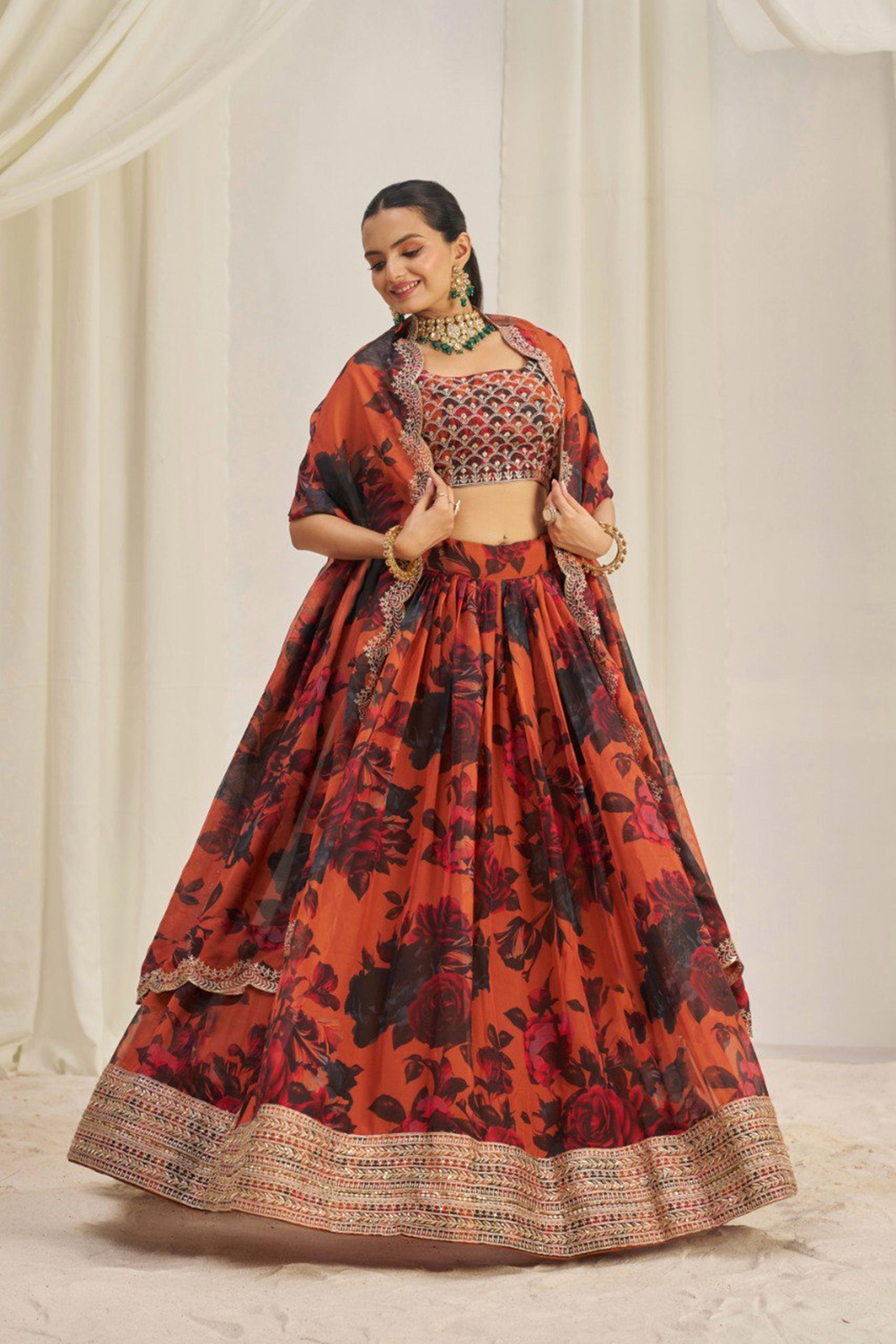 ORANGE COLOR ORGANZA BASE FLORAL LEHENGA CHOLI SET WITH ZARI, DORI & SEQUENCE
