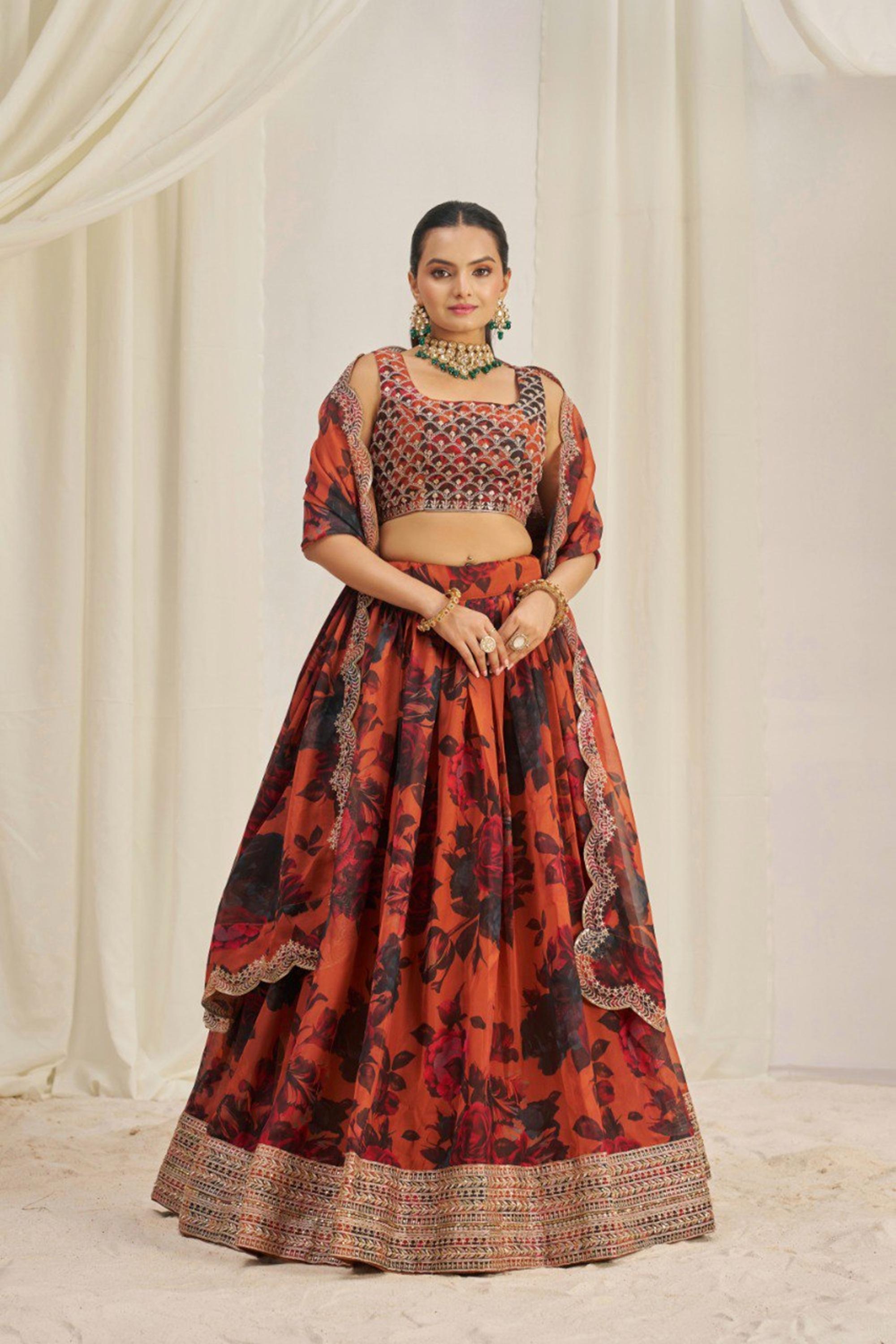 ORANGE COLOR ORGANZA BASE FLORAL LEHENGA CHOLI SET WITH ZARI, DORI & SEQUENCE