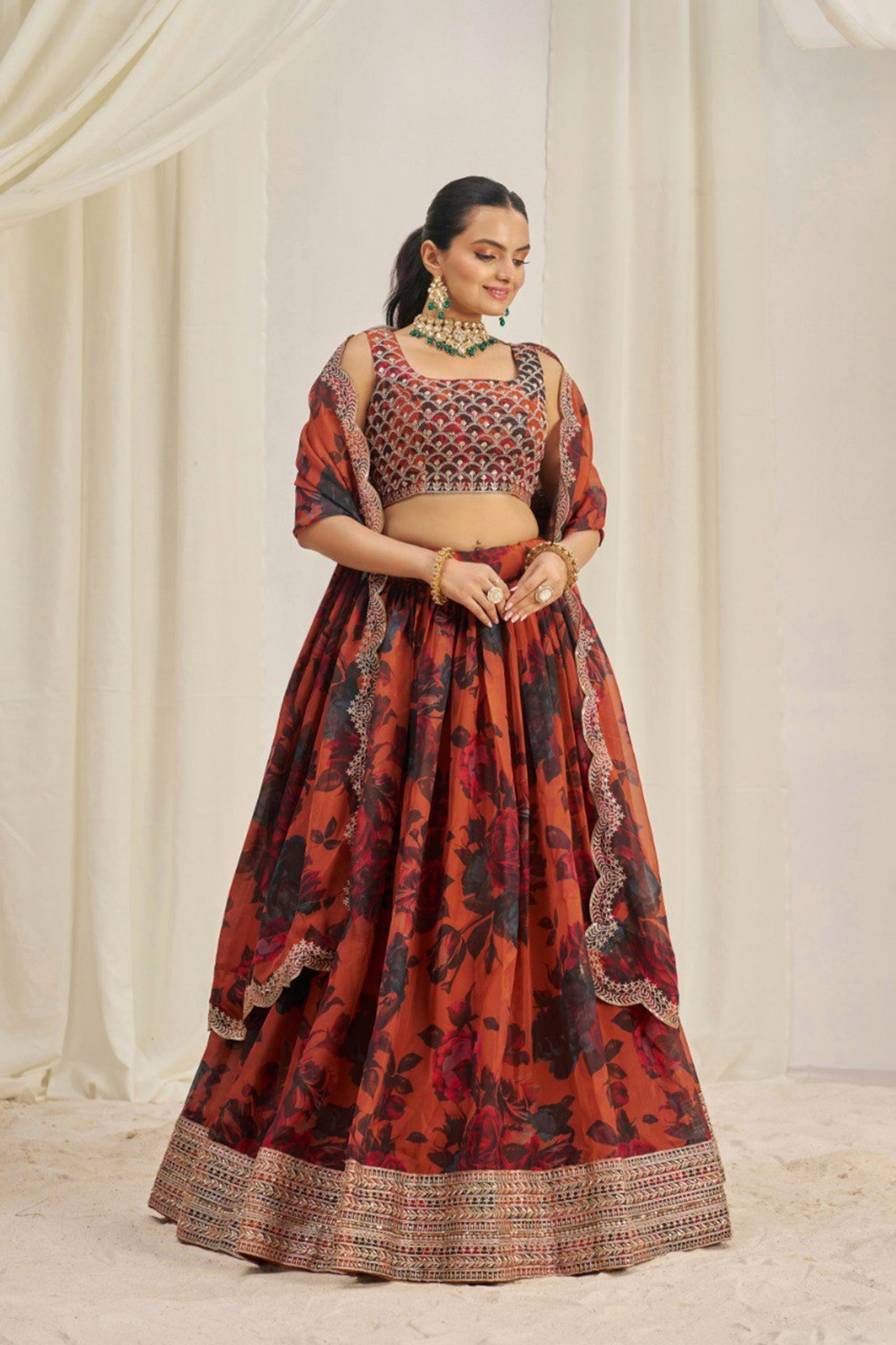 ORANGE COLOR ORGANZA BASE FLORAL LEHENGA CHOLI SET WITH ZARI, DORI & SEQUENCE