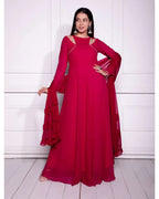 RED GEORGETTE FANCY NECK STYLED FULLY STITCHED DESIGNER GOWN