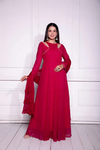 RED GEORGETTE FANCY NECK STYLED FULLY STITCHED DESIGNER GOWN