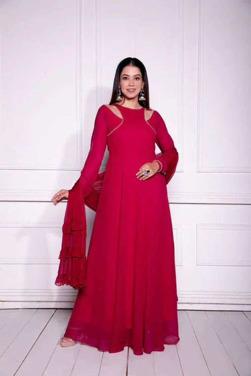 RED GEORGETTE FANCY NECK STYLED FULLY STITCHED DESIGNER GOWN