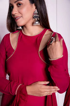 RED GEORGETTE FANCY NECK STYLED FULLY STITCHED DESIGNER GOWN