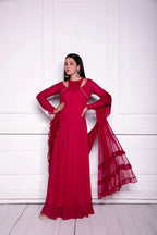 RED GEORGETTE FANCY NECK STYLED FULLY STITCHED DESIGNER GOWN