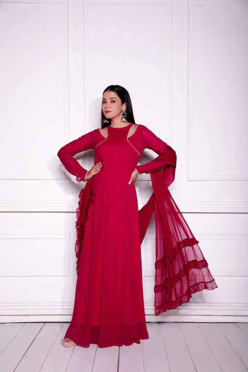 RED GEORGETTE FANCY NECK STYLED FULLY STITCHED DESIGNER GOWN