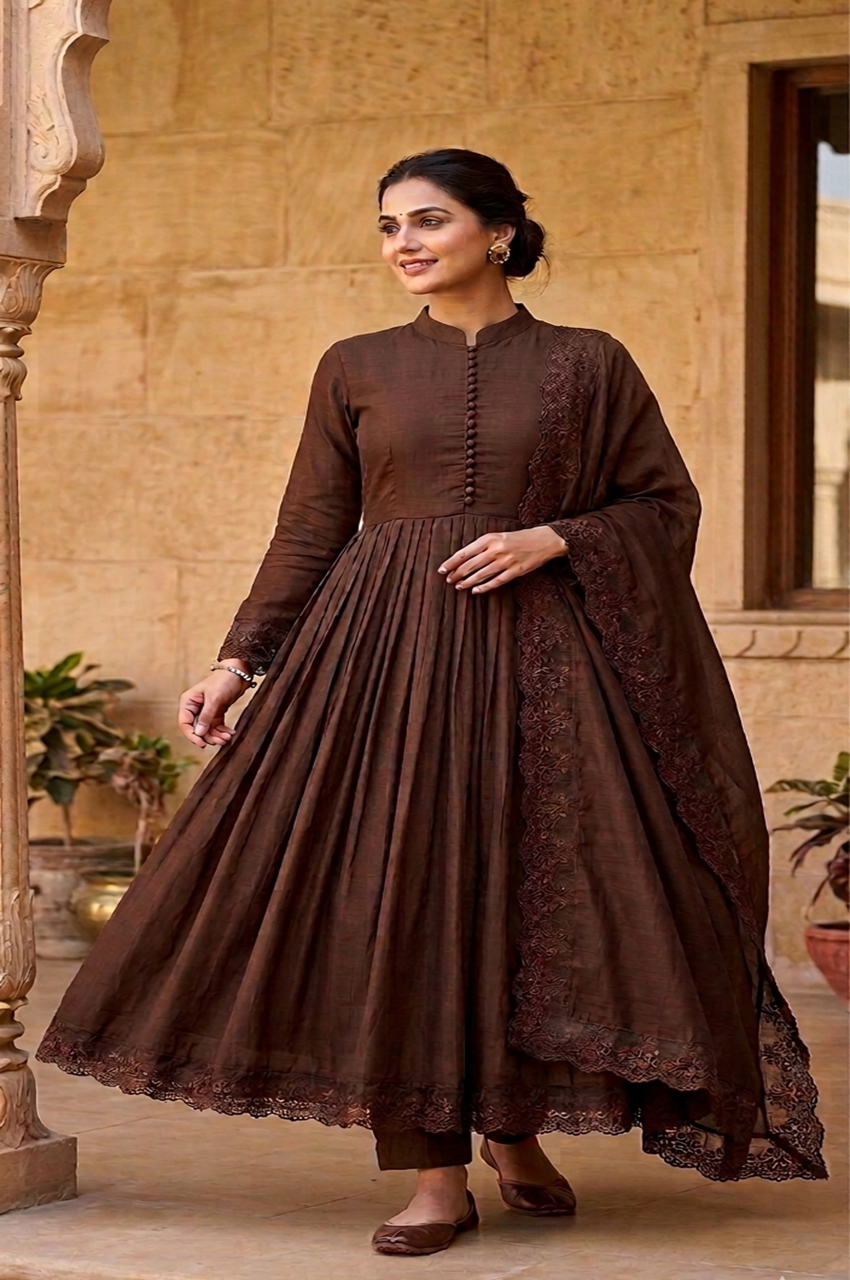 BROWN ROMAN SILK EMBROIDERED ANARKALI SET