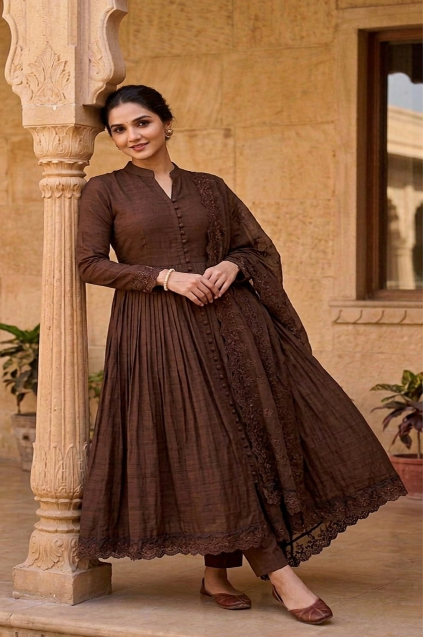 BROWN ROMAN SILK EMBROIDERED ANARKALI SET