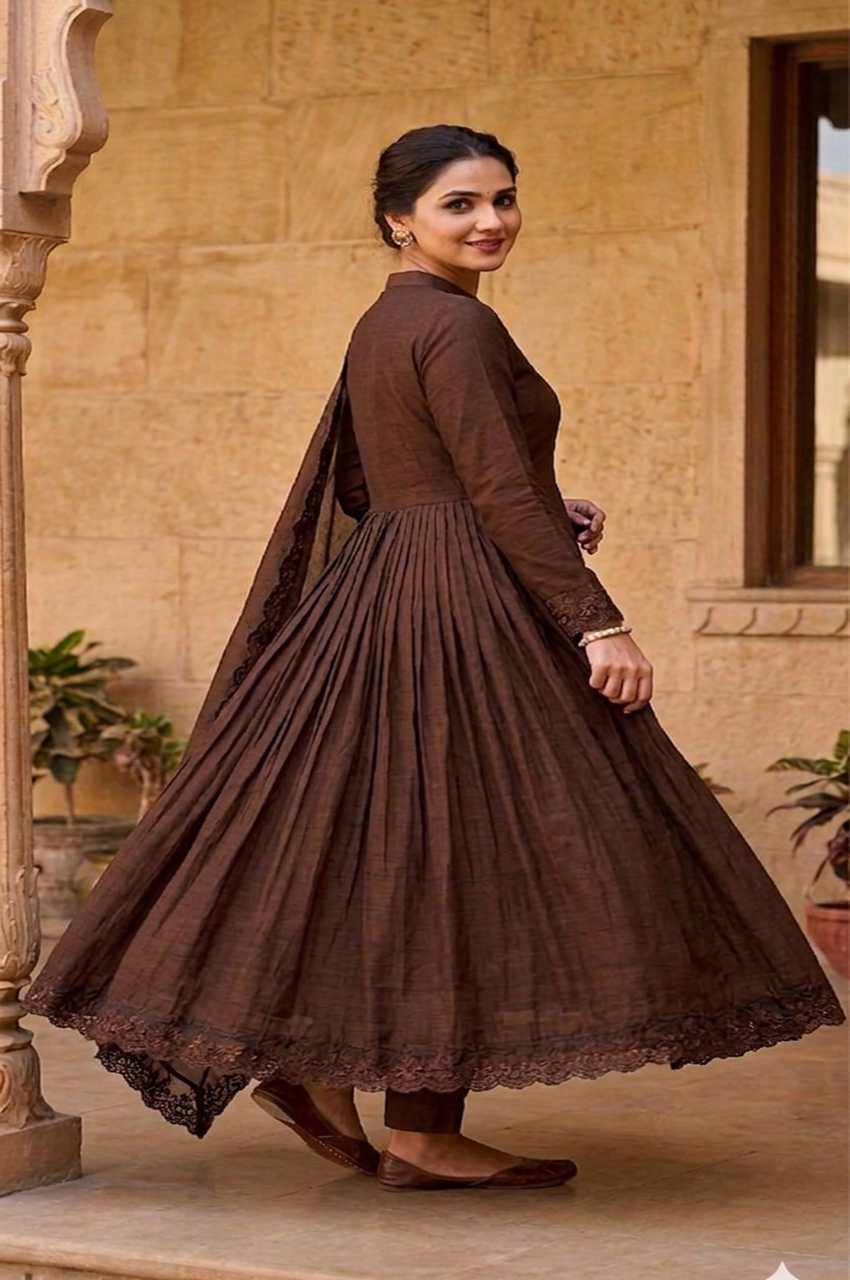 BROWN ROMAN SILK EMBROIDERED ANARKALI SET