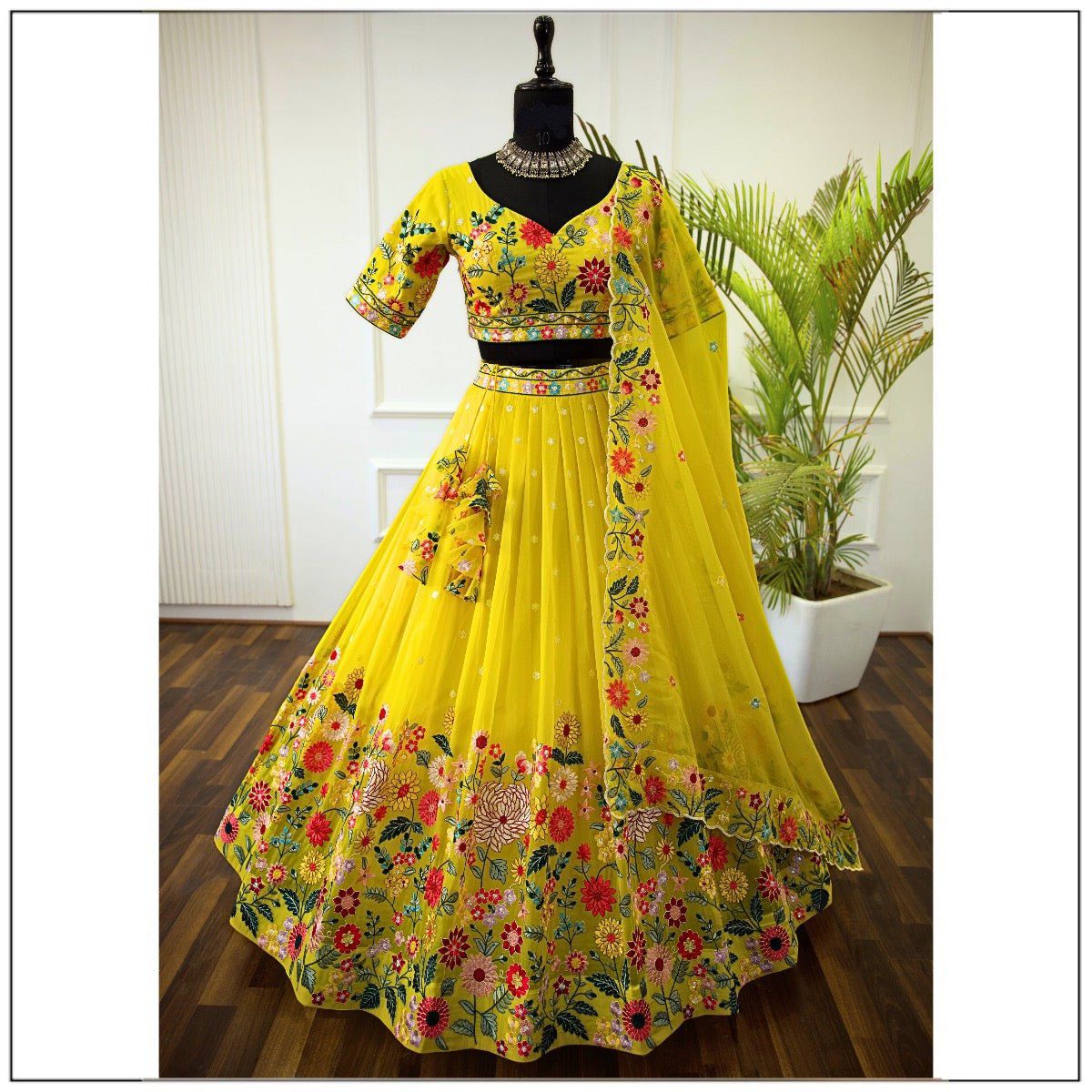 YELLOW COLOR SEQUENCE EMBROIDERY WORK DESIGNER LEHENGA CHOLI