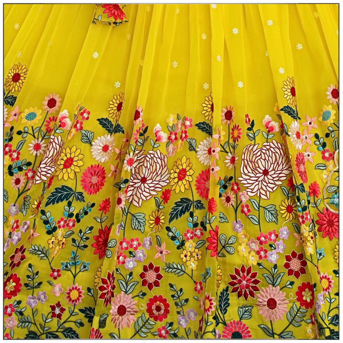 YELLOW COLOR SEQUENCE EMBROIDERY WORK DESIGNER LEHENGA CHOLI