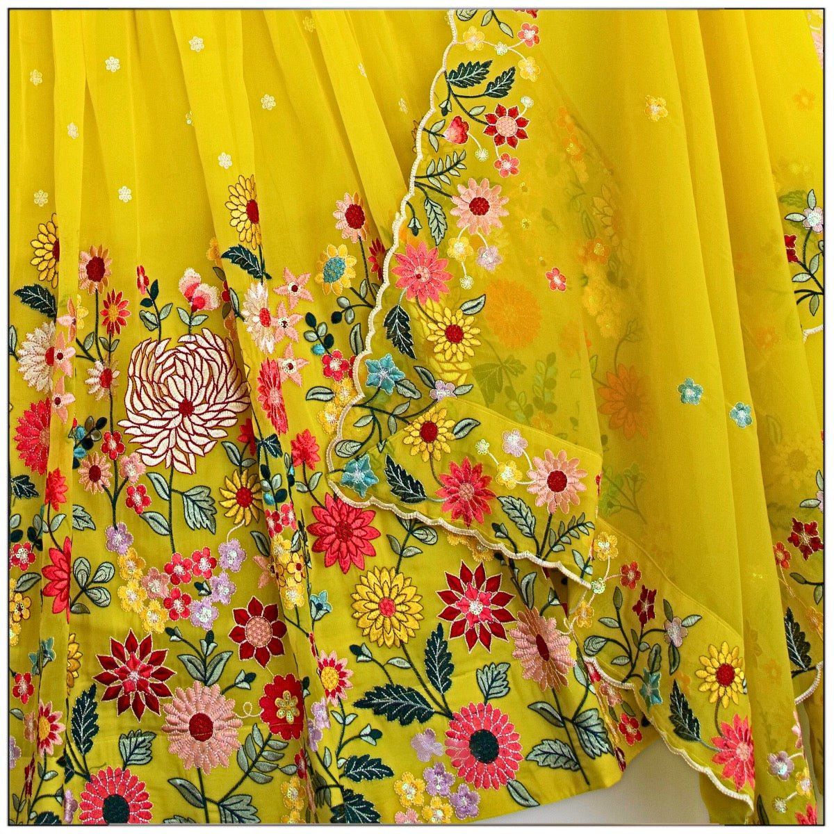 YELLOW COLOR SEQUENCE EMBROIDERY WORK DESIGNER LEHENGA CHOLI