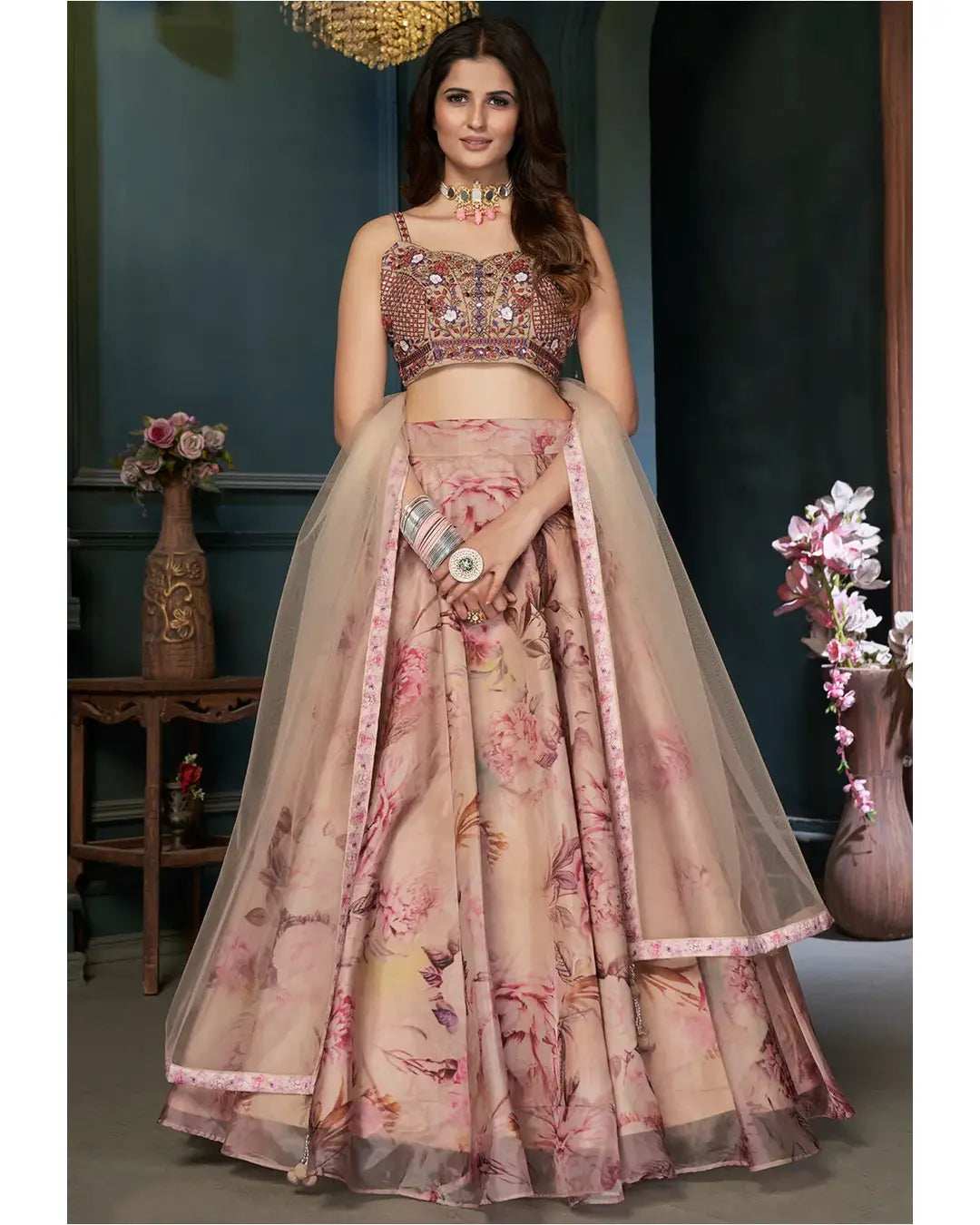 MULTI COLOR DIGITAL PRINT ORGANZA SILK LEHENGA CHOLI