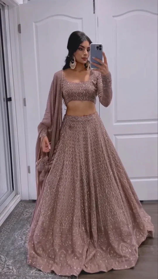 CHOCOLATE BROWN COLOR GEORGETTE BASE LAKHNAVI WORK DESIGNER LEHENGA CHOLI