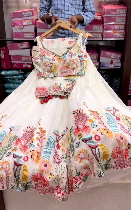 WHITE FLORAL MULTI COLOR EMBROIDERY GEORGETTE LEHENGA CHOLI