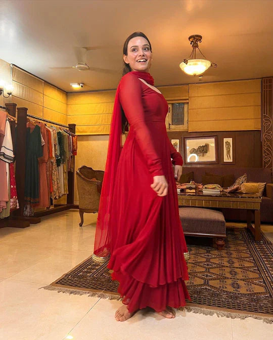 RED COLOR FAUX GEORGETTE DOUBLE LAYER ANARKALI SUIT