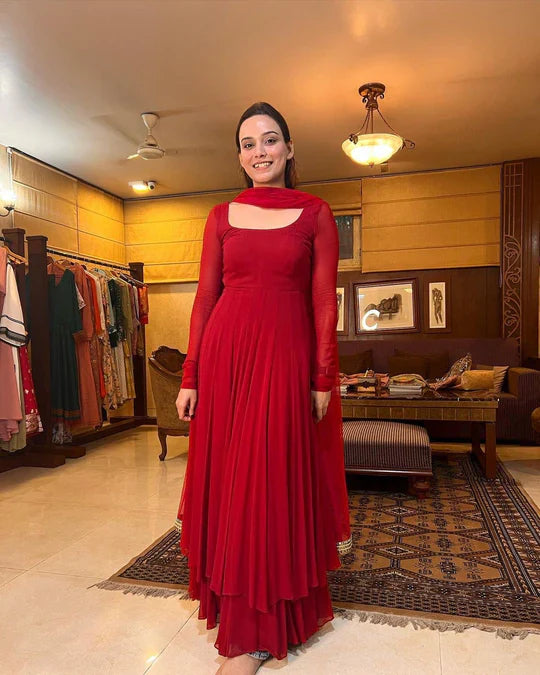 RED COLOR FAUX GEORGETTE DOUBLE LAYER ANARKALI SUIT