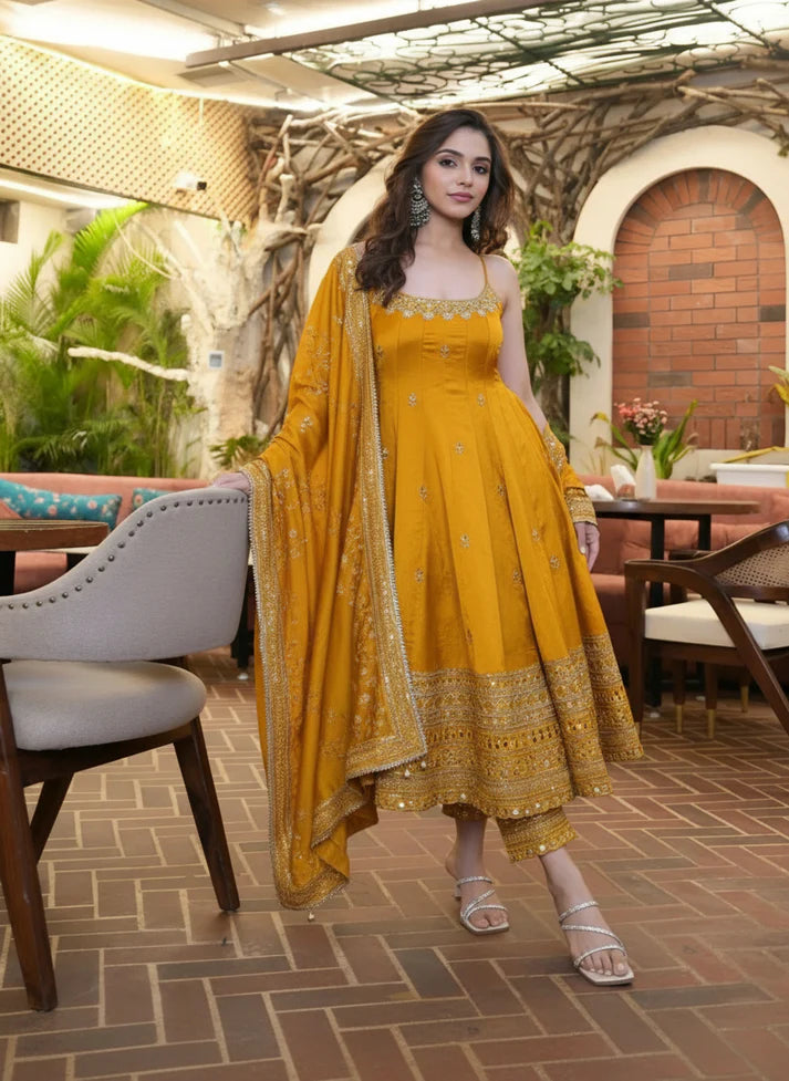 ELEGANT MUSTARD YELLOW ANARKALI SUIT IN PURE VICHITRA SILK FABRIC