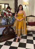 ELEGANT MUSTARD YELLOW ANARKALI SUIT IN PURE VICHITRA SILK FABRIC