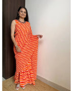 BEAUTIFUL ORANGE AND RED LEHERIYA DESIGNER GEORGETTE BASE PRE DRAPPED GOWN SAREE