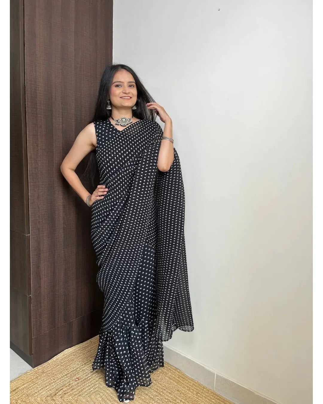 BEAUTIFUL BLACK DOT DESIGNER GEORGETTE BASE PRE DRAPPED GOWN SAREE