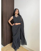 BEAUTIFUL BLACK DOT DESIGNER GEORGETTE BASE PRE DRAPPED GOWN SAREE