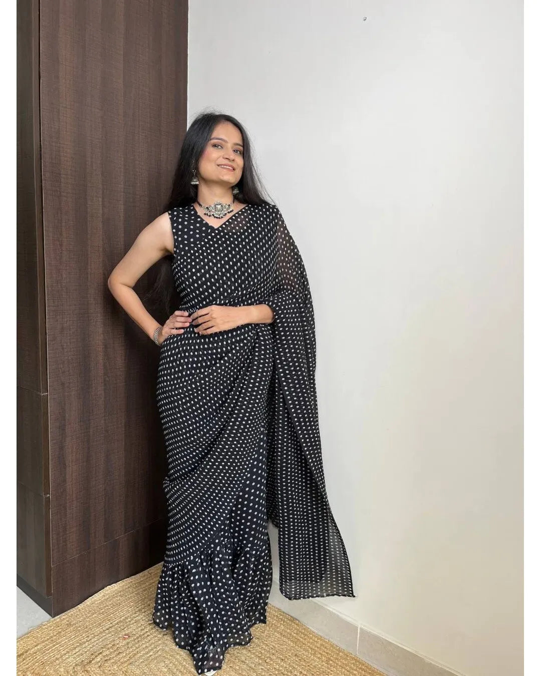 BEAUTIFUL BLACK DOT DESIGNER GEORGETTE BASE PRE DRAPPED GOWN SAREE