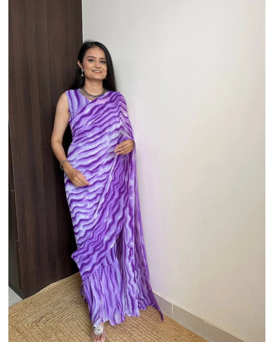 ATTRACTIVE PURPLE SHADE DESIGNER GEORGETTE BASE PRE DRAPPED GOWN SAREE