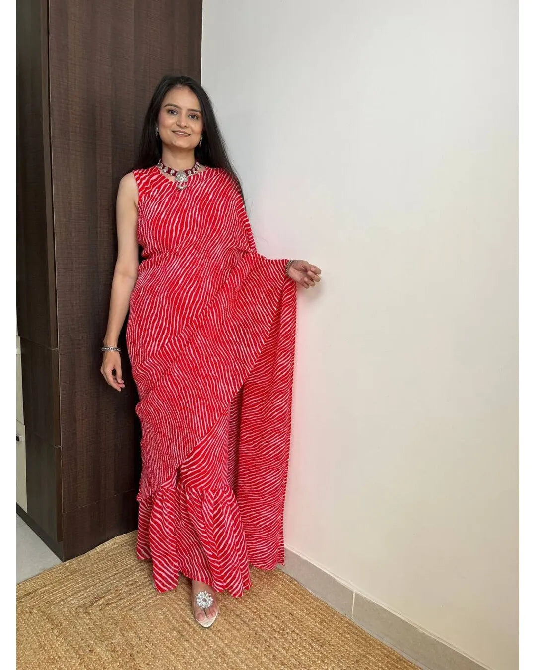 BEAUTIFUL RED LEHERIYA DESIGNER GEORGETTE BASE PRE DRAPPED GOWN SAREE