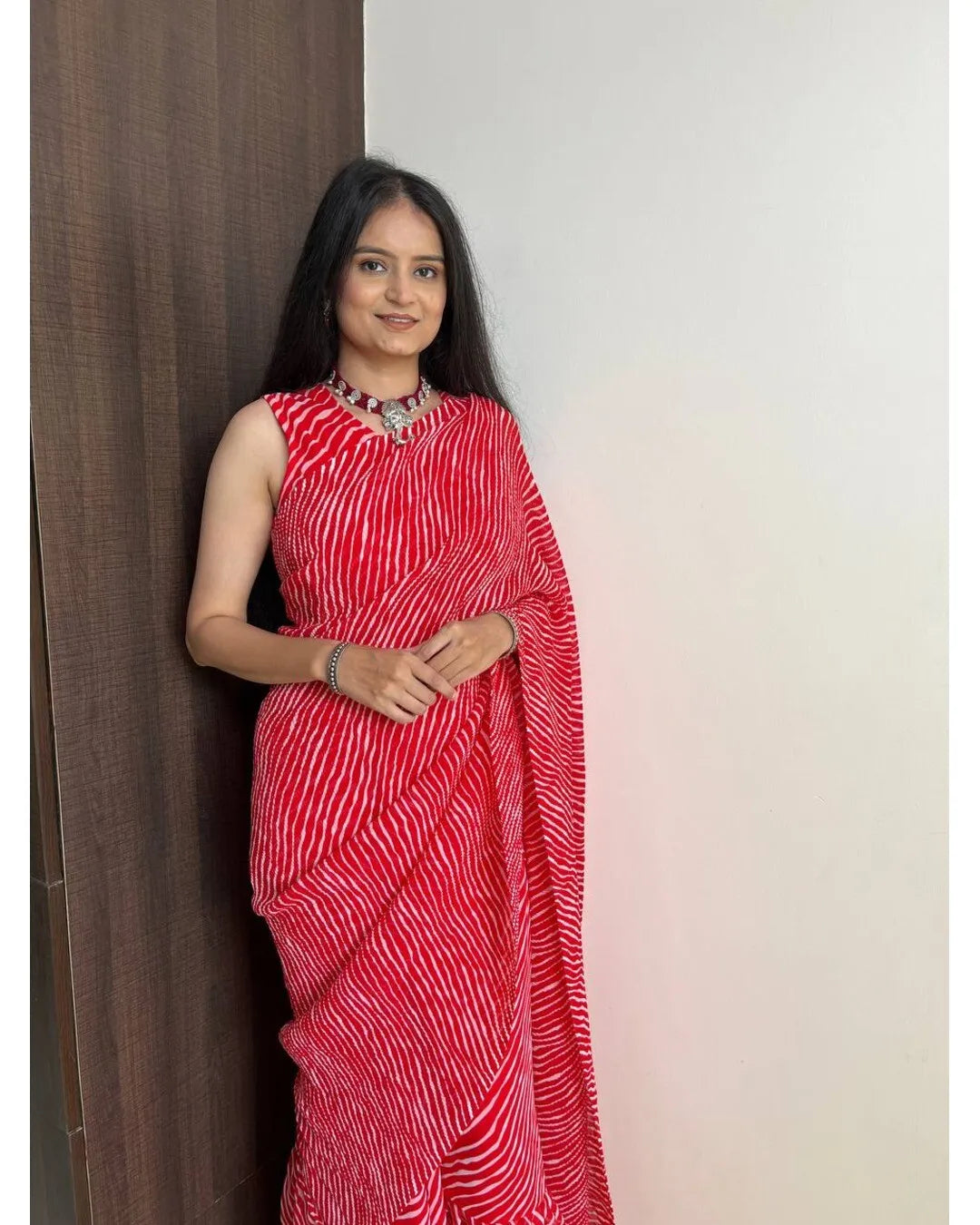 BEAUTIFUL RED LEHERIYA DESIGNER GEORGETTE BASE PRE DRAPPED GOWN SAREE