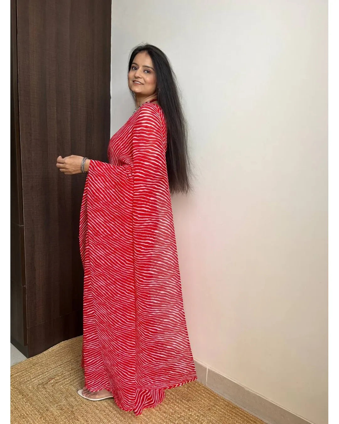 BEAUTIFUL RED LEHERIYA DESIGNER GEORGETTE BASE PRE DRAPPED GOWN SAREE