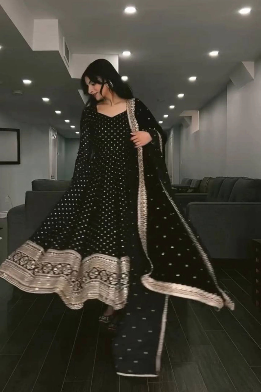 BLACK SEQUENCE WORK GEORGETTE BASE ANARKALI SUIT SET OF 3