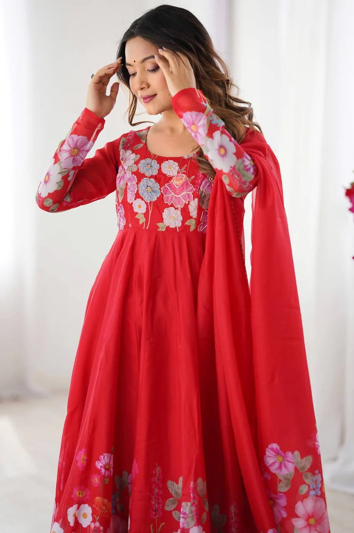 RED FLORAL PRINT ORGANZA THREE PIECE ANARKALI SUIT